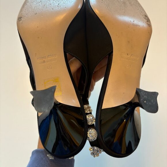 Miu Miu Black Satin Swarovski Crystal Embellished Slingback Kitten Heel Luxury - Picture 9 of 15